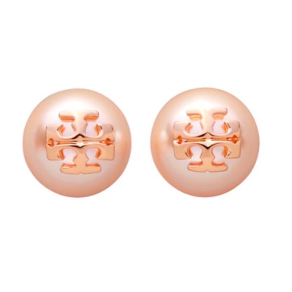 TORY BURCH • Rose Gold Evie Logo Pearl Earrings - Picture 3 of 7